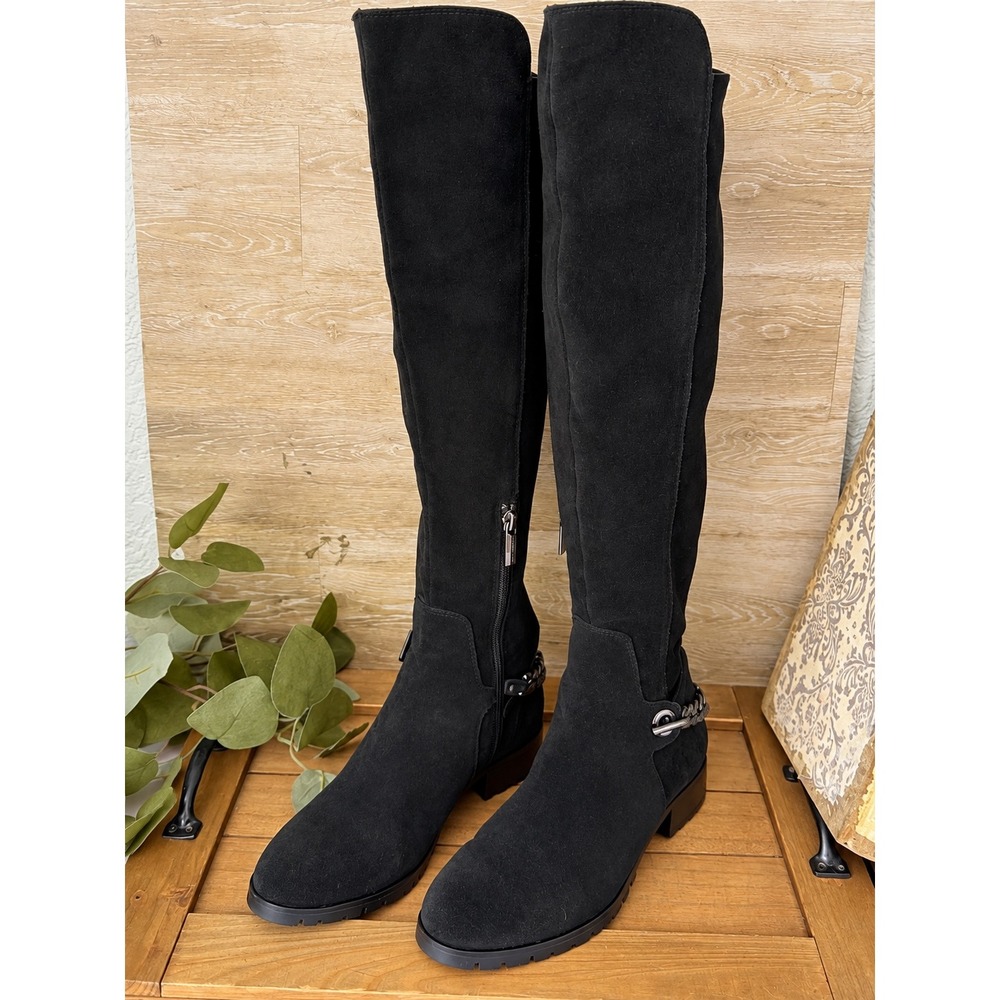 Karl Lagerfeld Paris Black Suede Knee High Chain Detail Boots Lug Sole Size 7.5